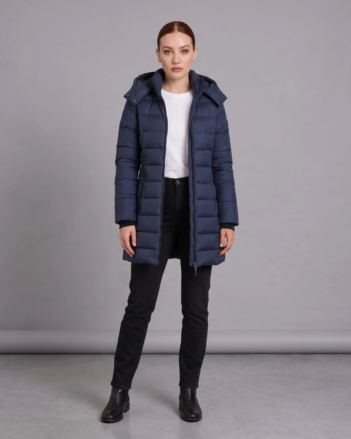 Women's Hooded Puffer Coat with Ribbed Knit Cuffs and Zippered Side Pockets