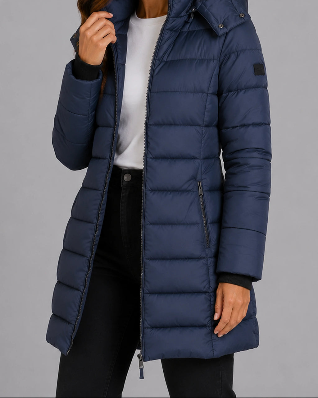 Women's Hooded Puffer Coat with Ribbed Knit Cuffs and Zippered Side Pockets