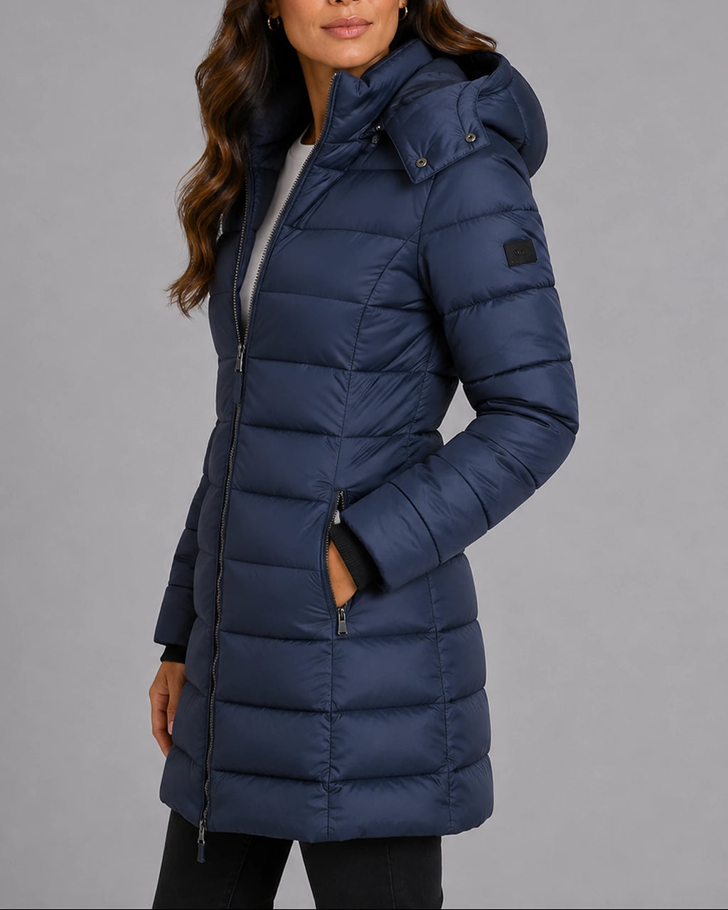 Women's Hooded Puffer Coat with Ribbed Knit Cuffs and Zippered Side Pockets