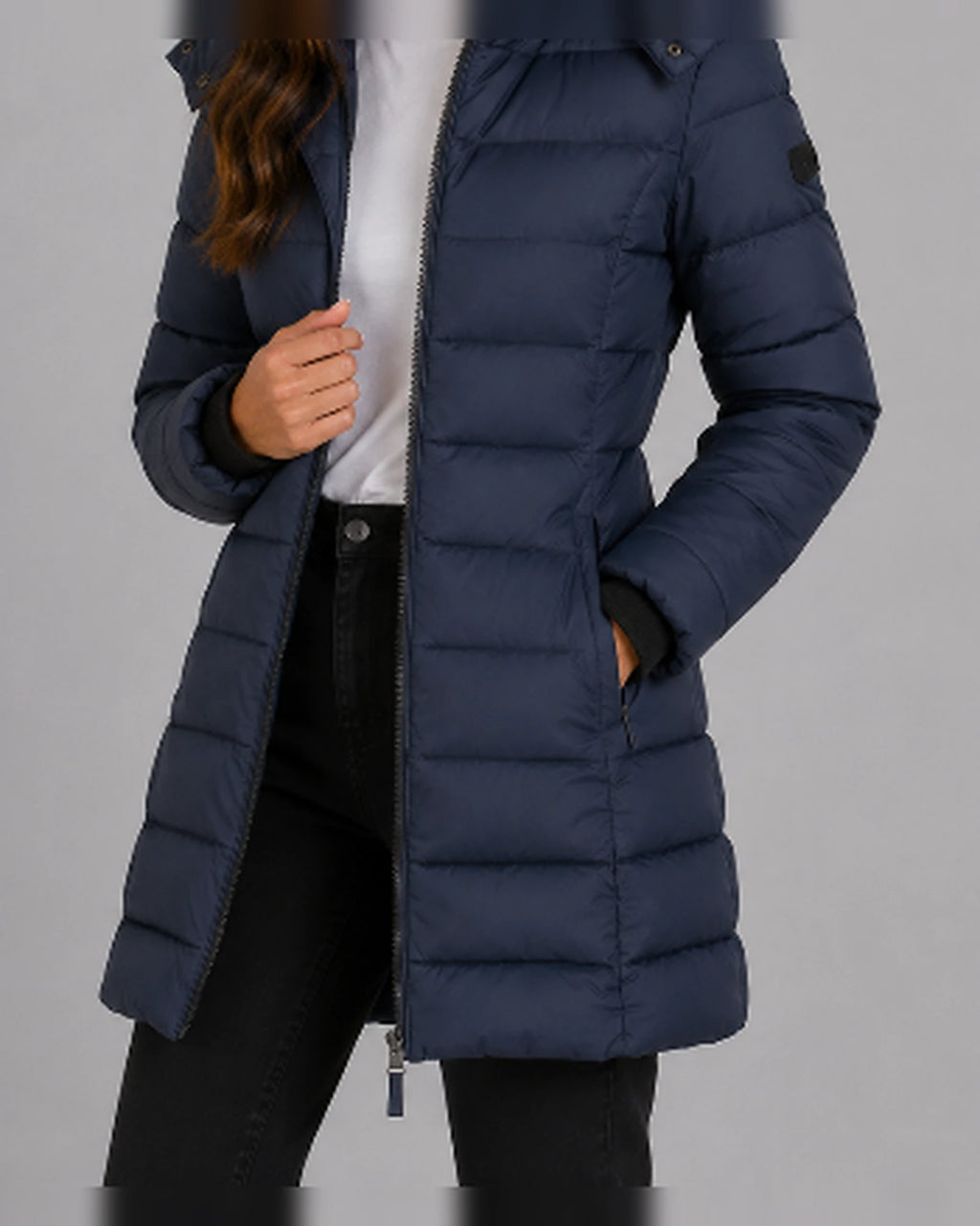 Women's Hooded Puffer Coat with Ribbed Knit Cuffs and Zippered Side Pockets