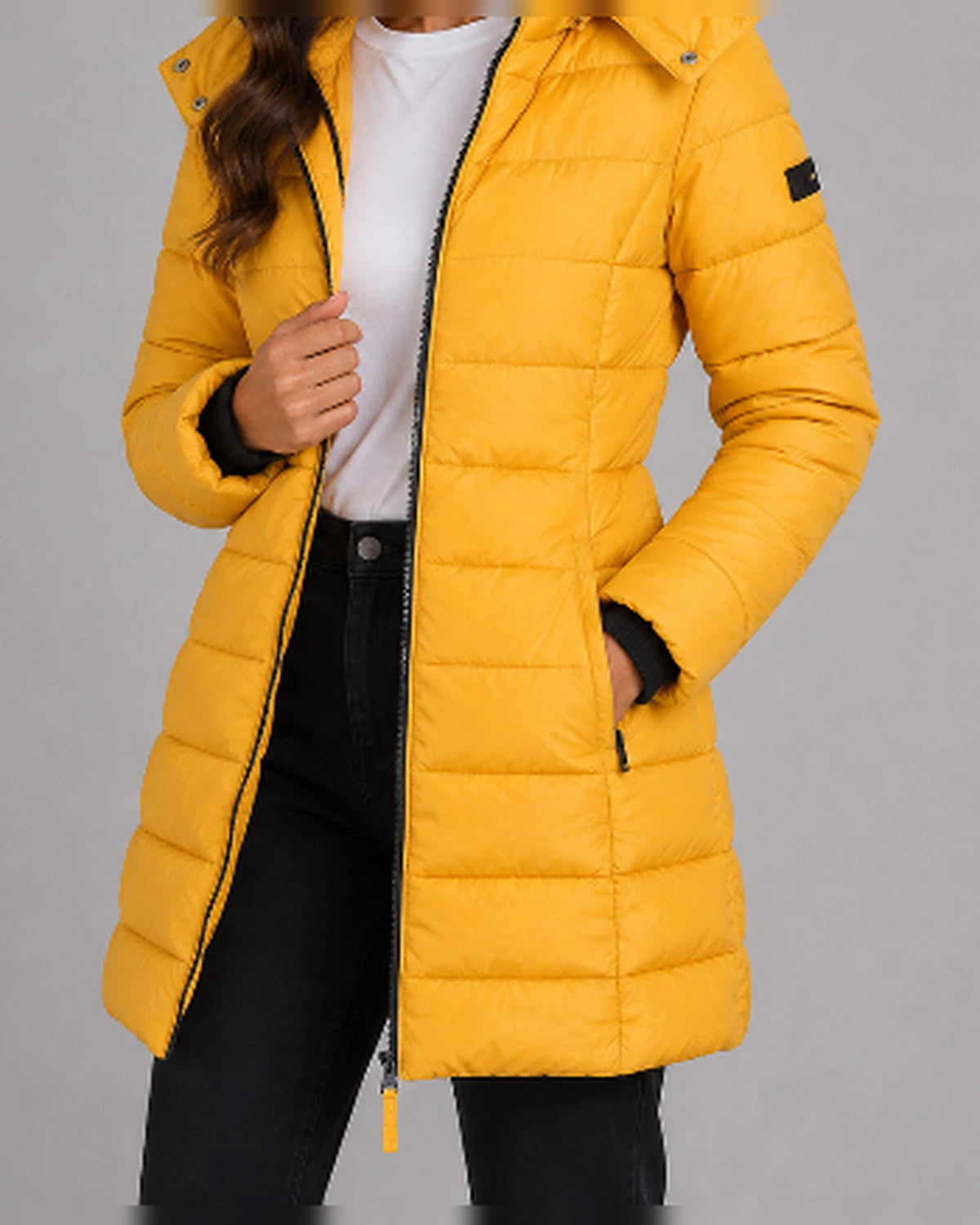 Women's Hooded Puffer Coat with Ribbed Knit Cuffs and Zippered Side Pockets