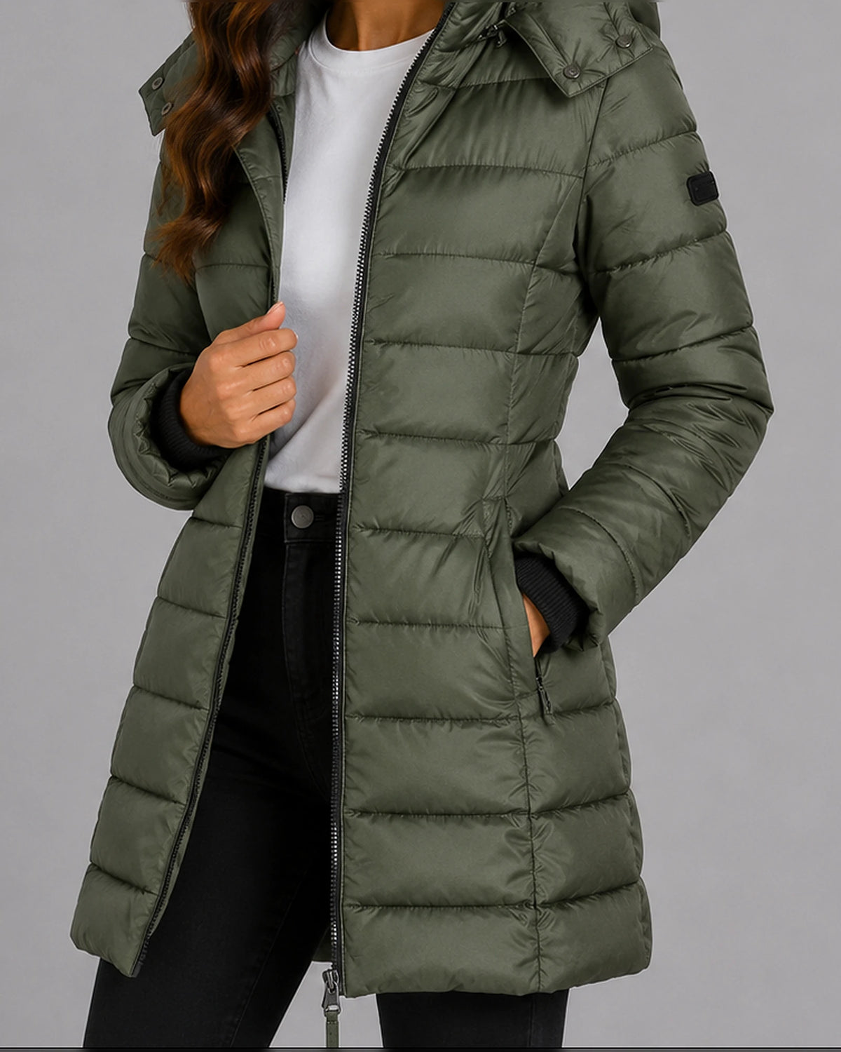 Women's Hooded Puffer Coat with Ribbed Knit Cuffs and Zippered Side Pockets