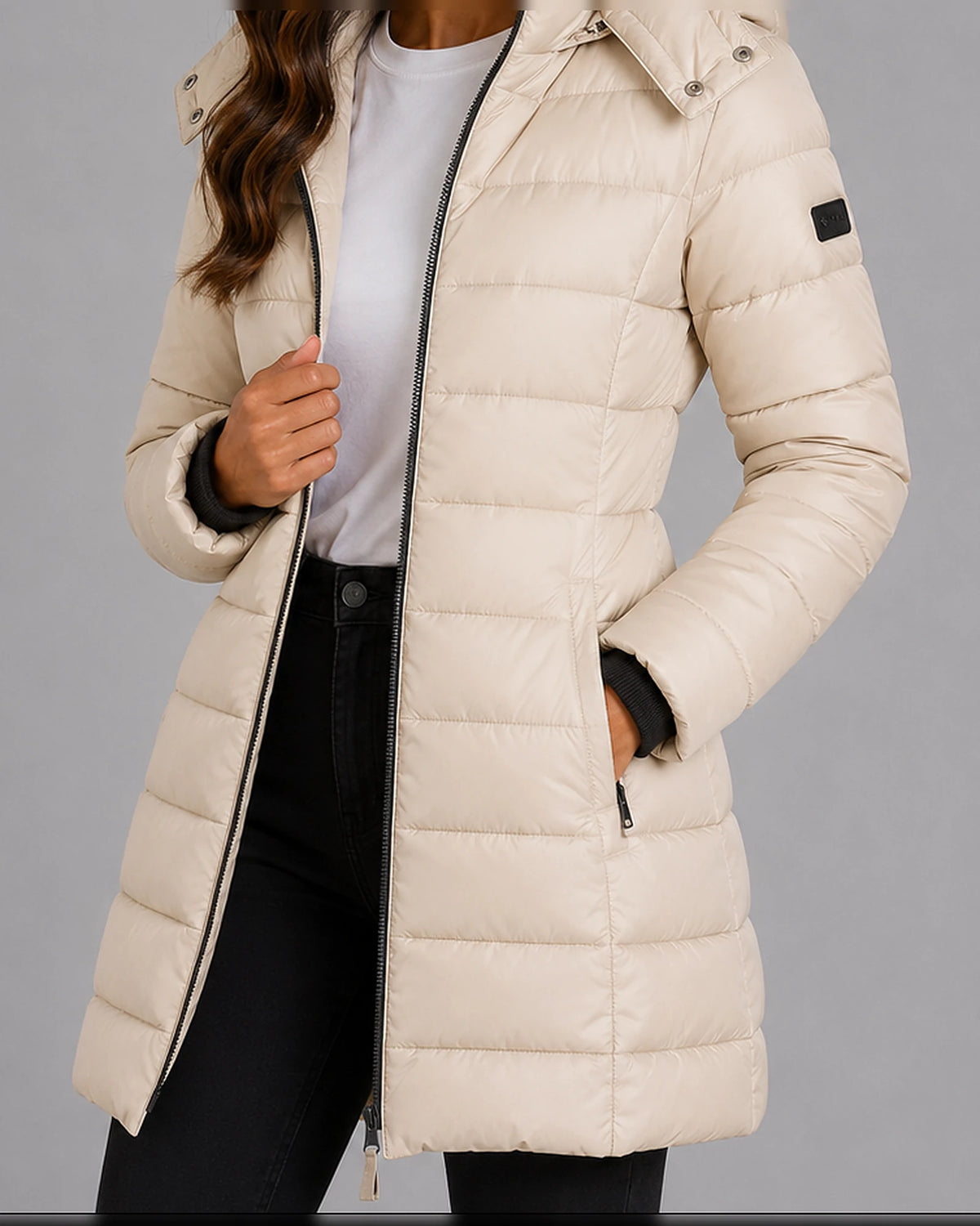 Women's Hooded Puffer Coat with Ribbed Knit Cuffs and Zippered Side Pockets