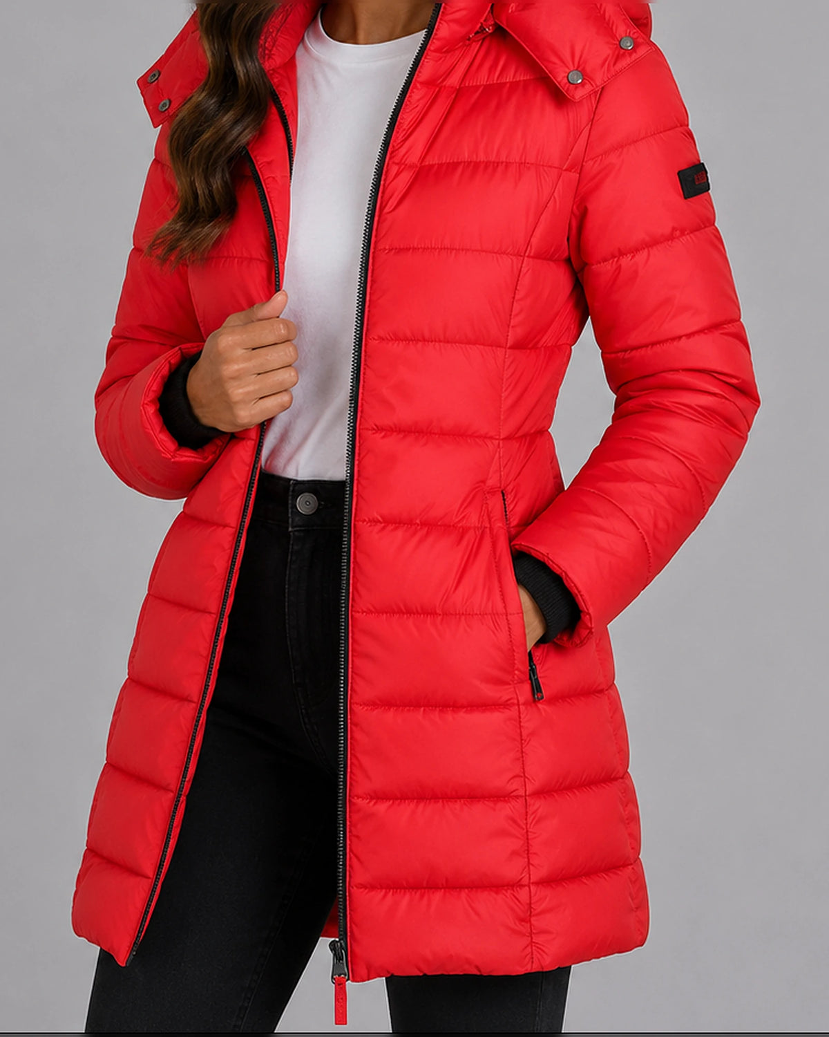 Women's Hooded Puffer Coat with Ribbed Knit Cuffs and Zippered Side Pockets