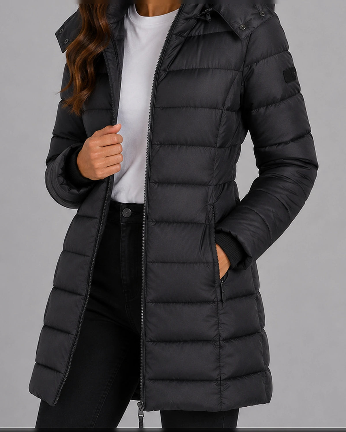 Women's Hooded Puffer Coat with Ribbed Knit Cuffs and Zippered Side Pockets