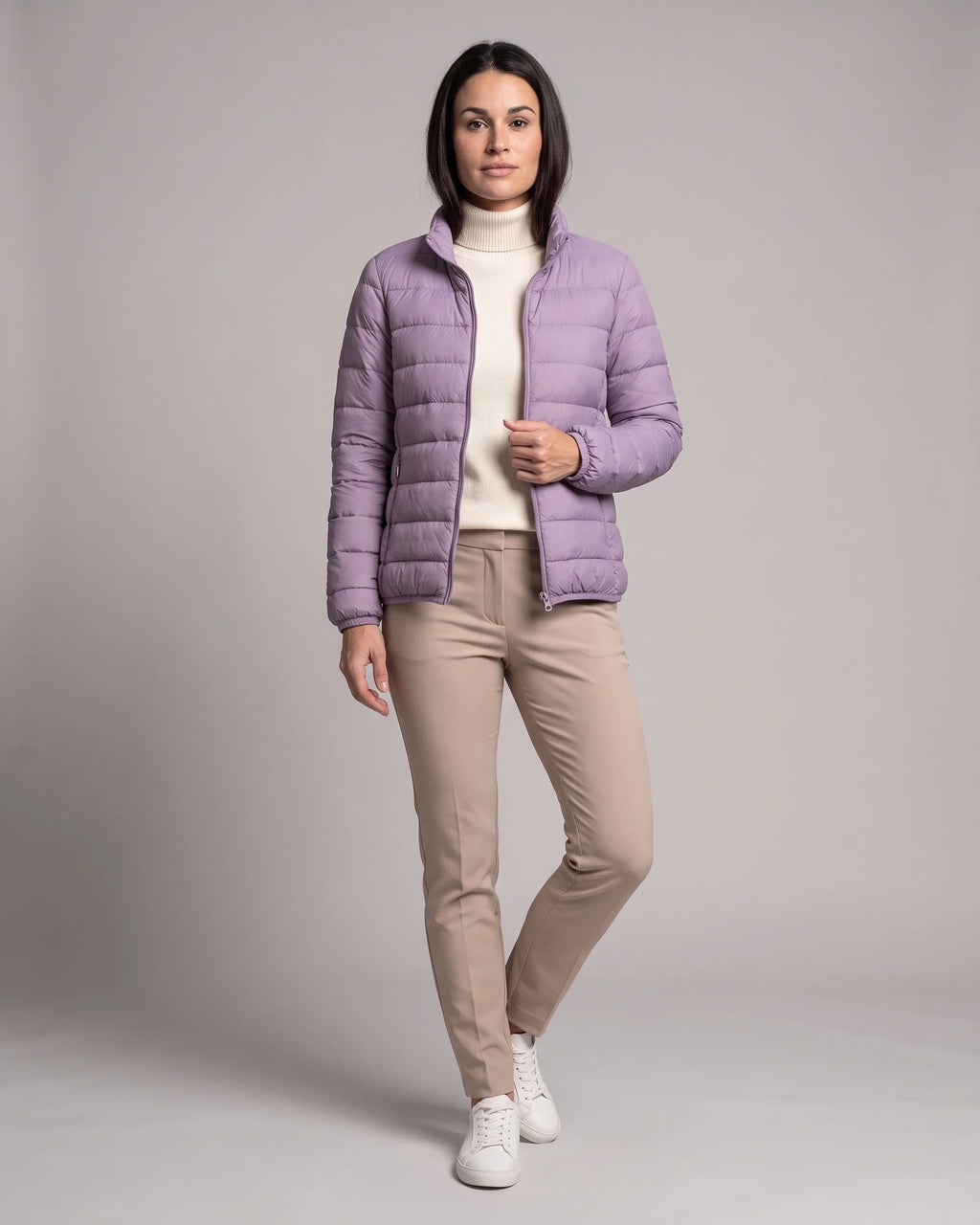 Women's Puffer Jacket with Stand Collar and Zippered Side Pockets