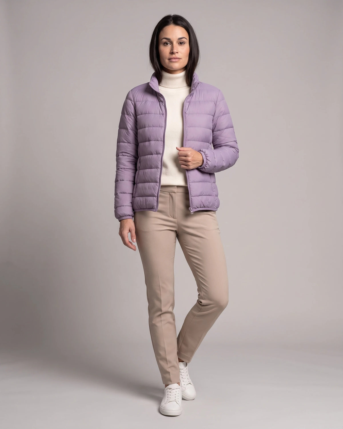 Women's Puffer Jacket with Stand Collar and Zippered Side Pockets
