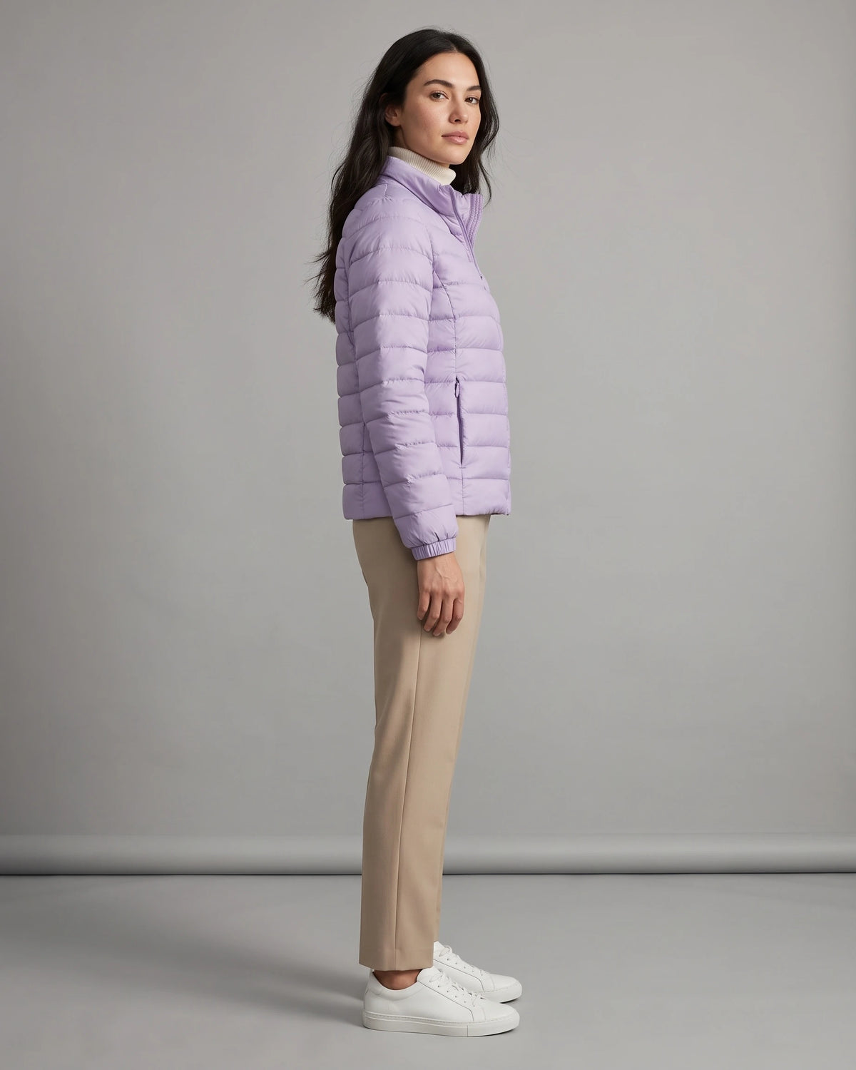 Women's Puffer Jacket with Stand Collar and Zippered Side Pockets