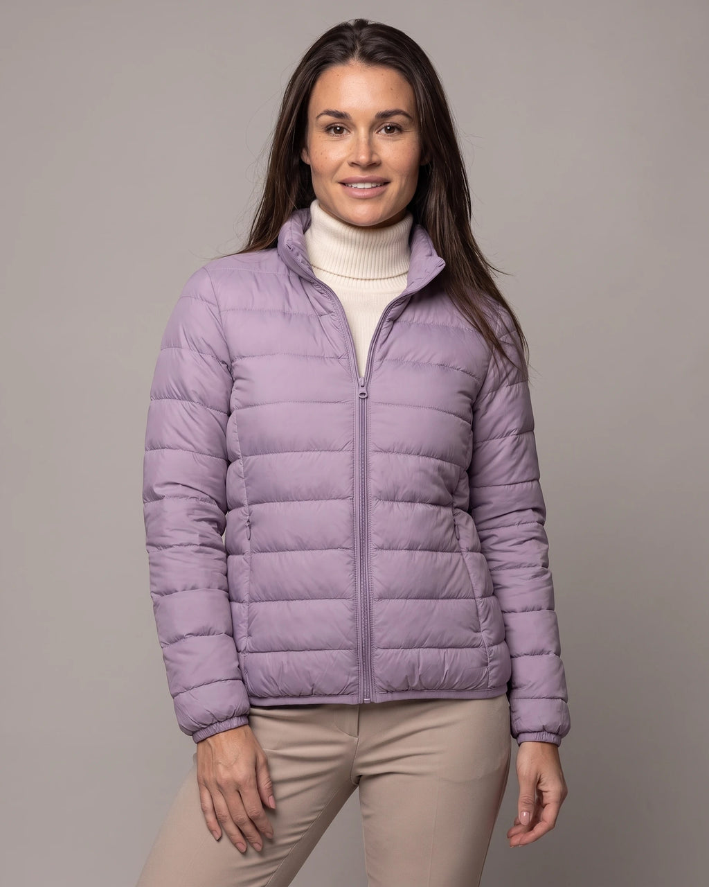 Women's Puffer Jacket with Stand Collar and Zippered Side Pockets