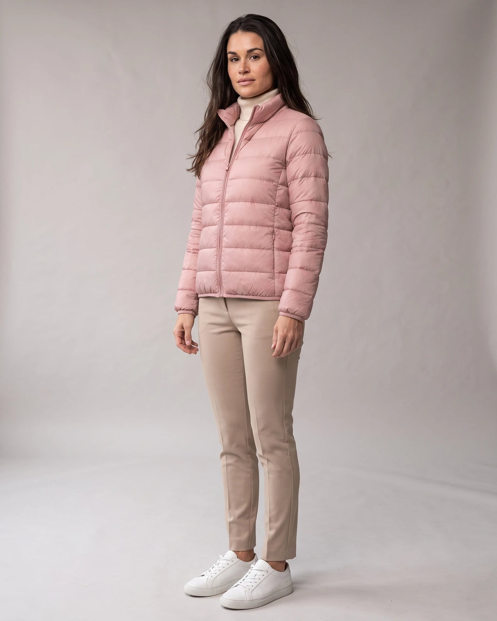 Women's Puffer Jacket with Stand Collar and Zippered Side Pockets