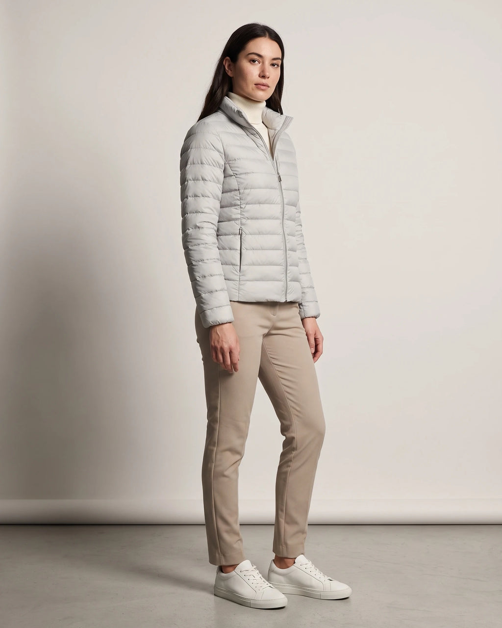 Women's Puffer Jacket with Stand Collar and Zippered Side Pockets