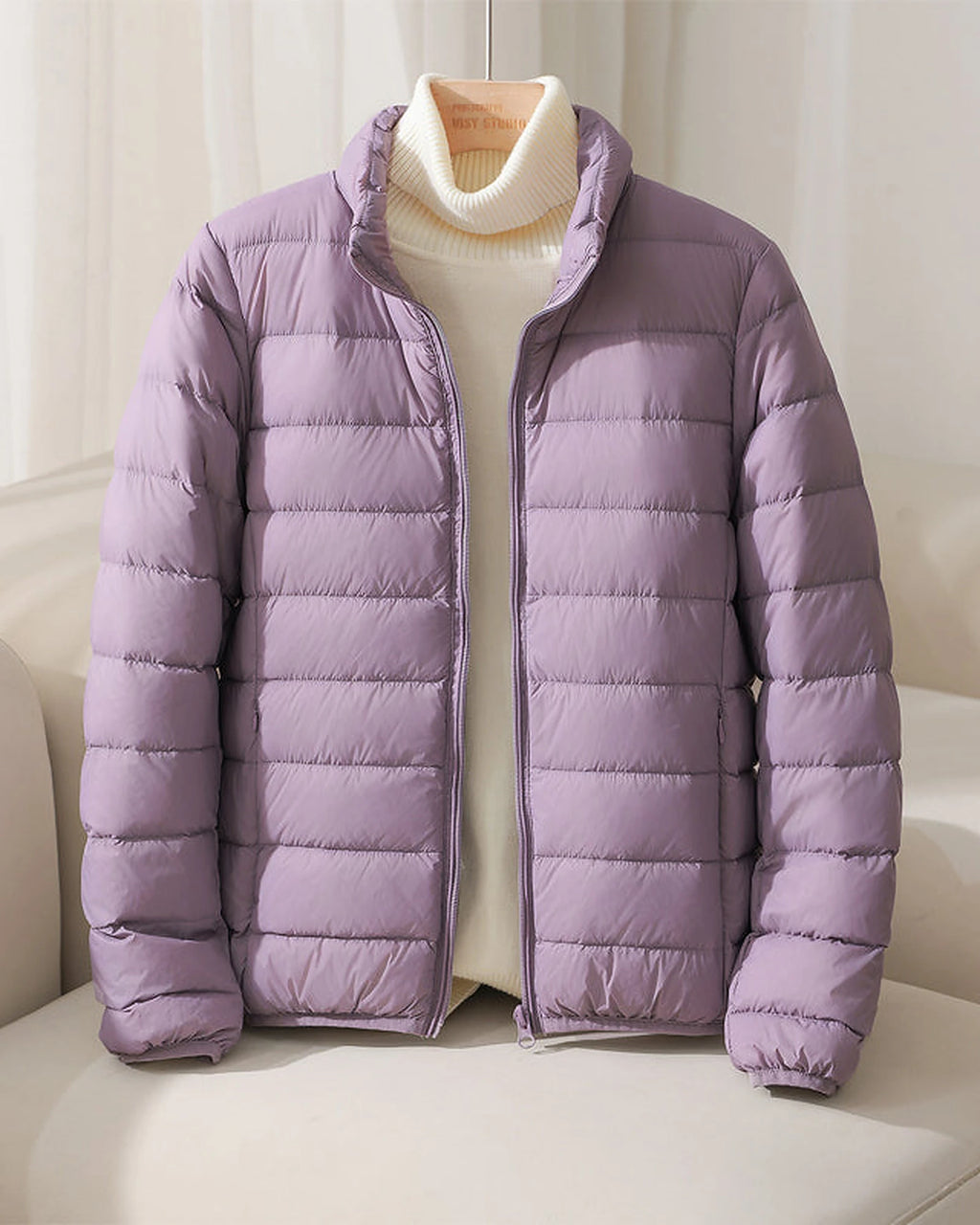 Women's Puffer Jacket with Stand Collar and Zippered Side Pockets