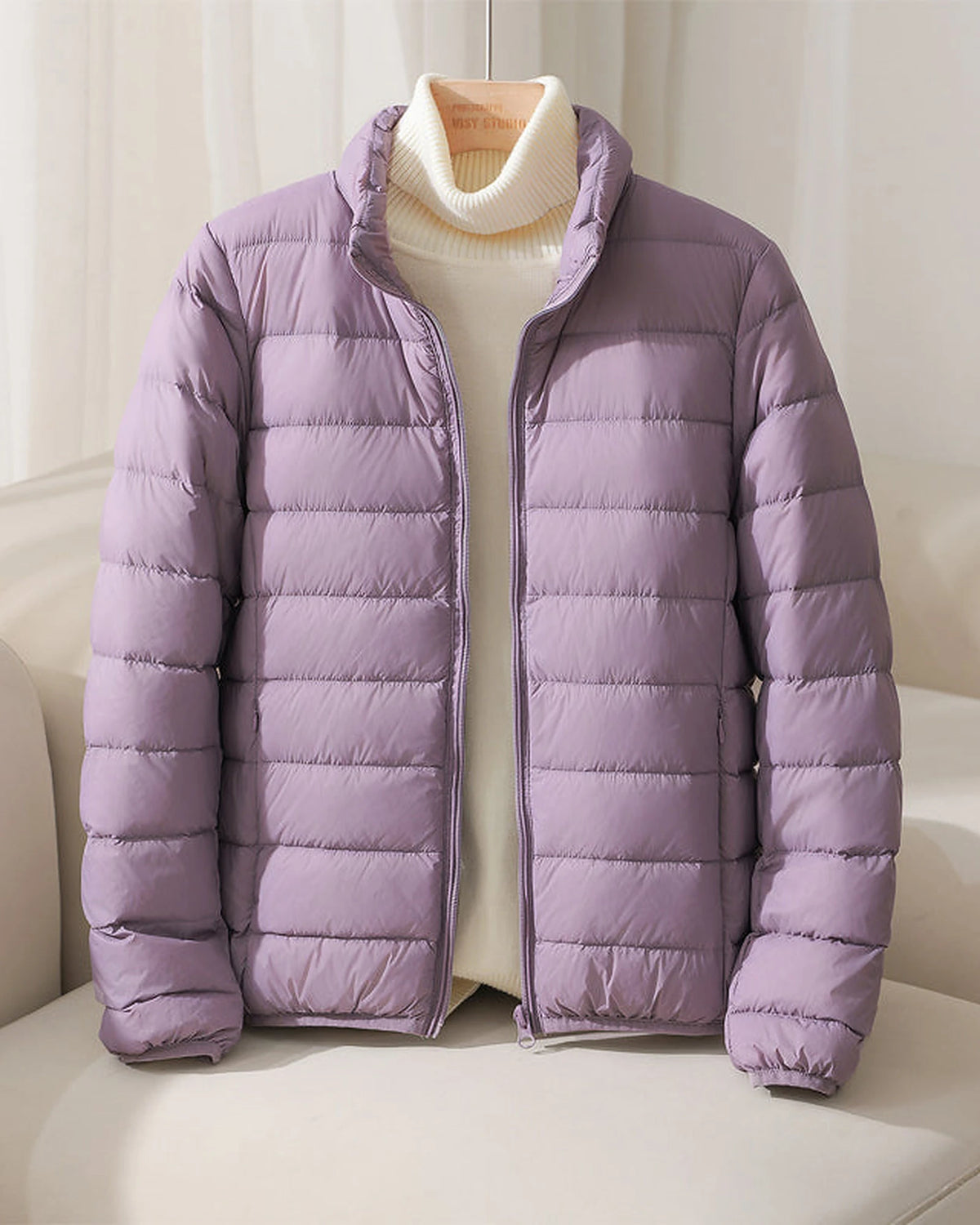 Women's Puffer Jacket with Stand Collar and Zippered Side Pockets