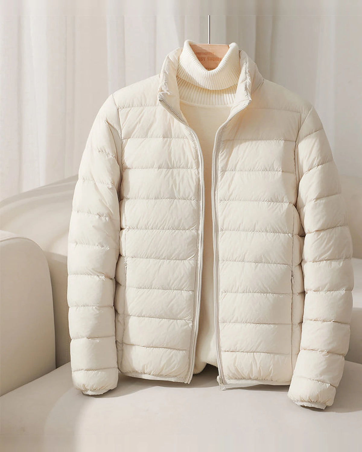 Women's Puffer Jacket with Stand Collar and Zippered Side Pockets