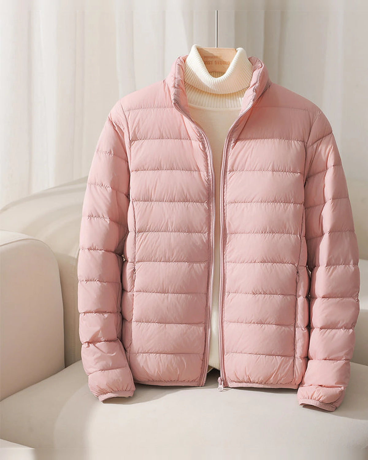 Women's Puffer Jacket with Stand Collar and Zippered Side Pockets