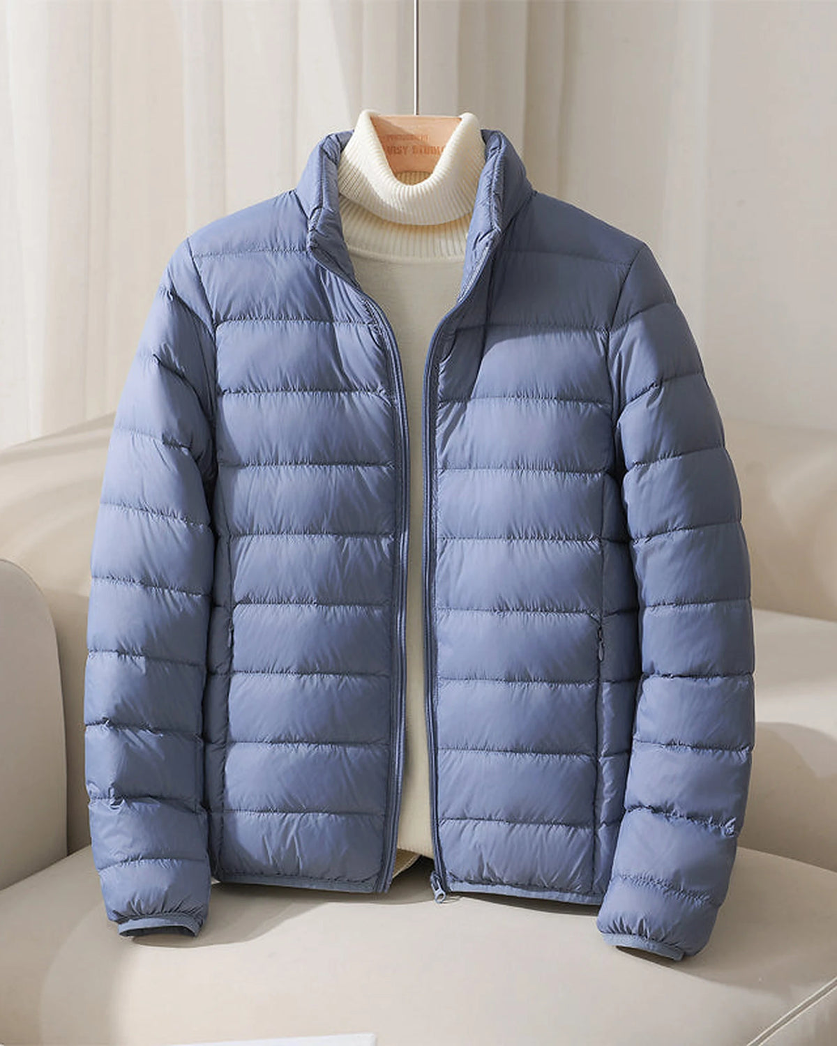 Women's Puffer Jacket with Stand Collar and Zippered Side Pockets