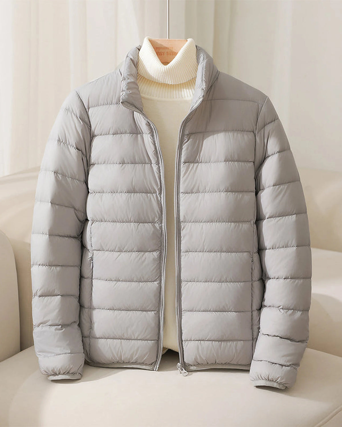 Women's Puffer Jacket with Stand Collar and Zippered Side Pockets