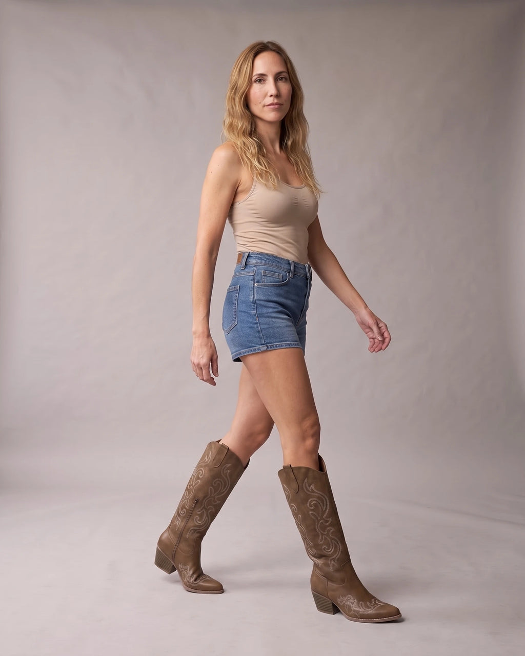 Women's Wide Calf Cowboy Boots with Western Stitching and Stacked Block Heel