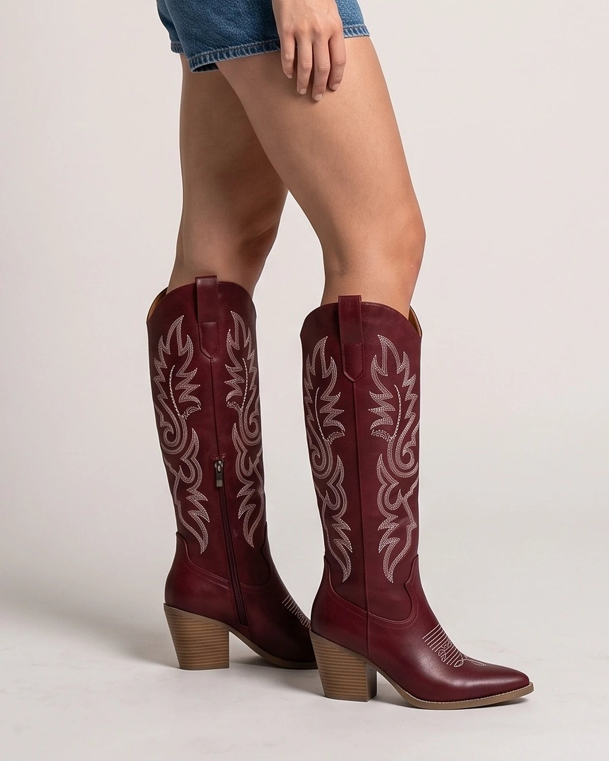 Women's Wide Calf Cowboy Boots with Western Stitching and Stacked Block Heel