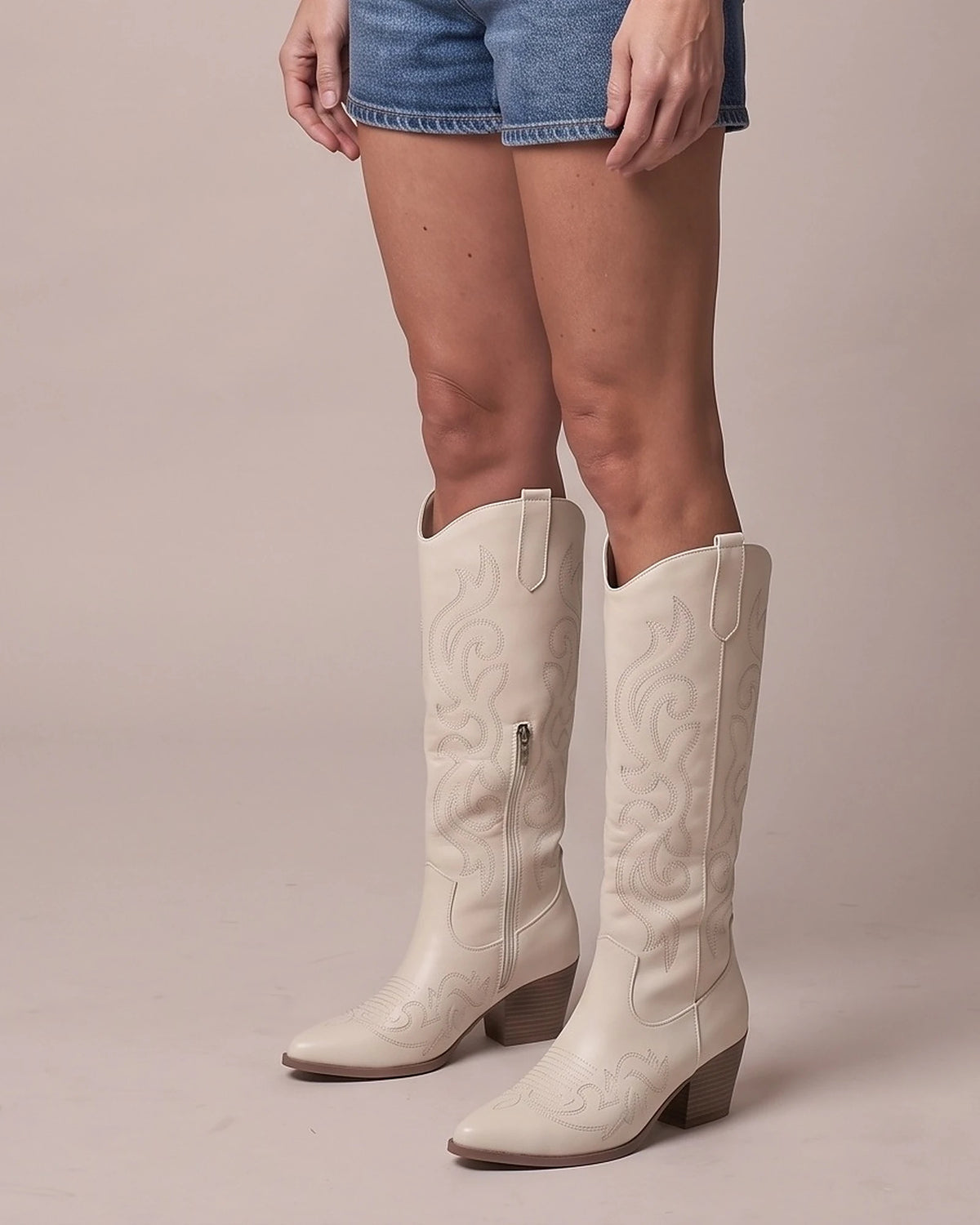 Women's Wide Calf Cowboy Boots with Western Stitching and Stacked Block Heel