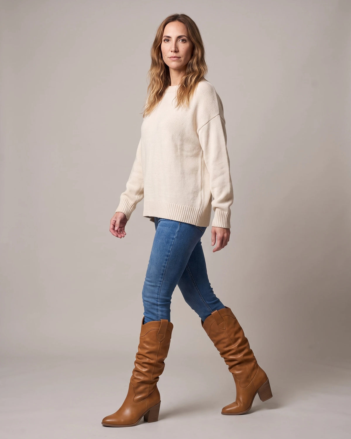Women's Wide Calf Slouchy Cowboy Boots with Pointed Toe and Stacked Block Heel