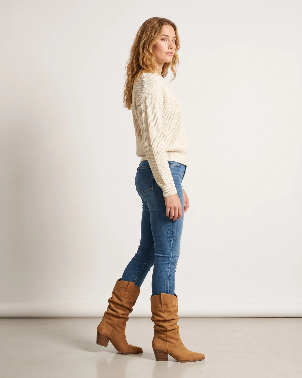 Women's Wide Calf Slouchy Cowboy Boots with Pointed Toe and Stacked Block Heel