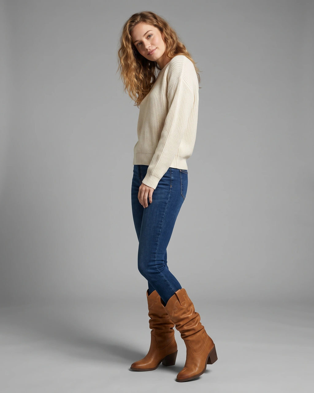 Women's Wide Calf Slouchy Cowboy Boots with Pointed Toe and Stacked Block Heel