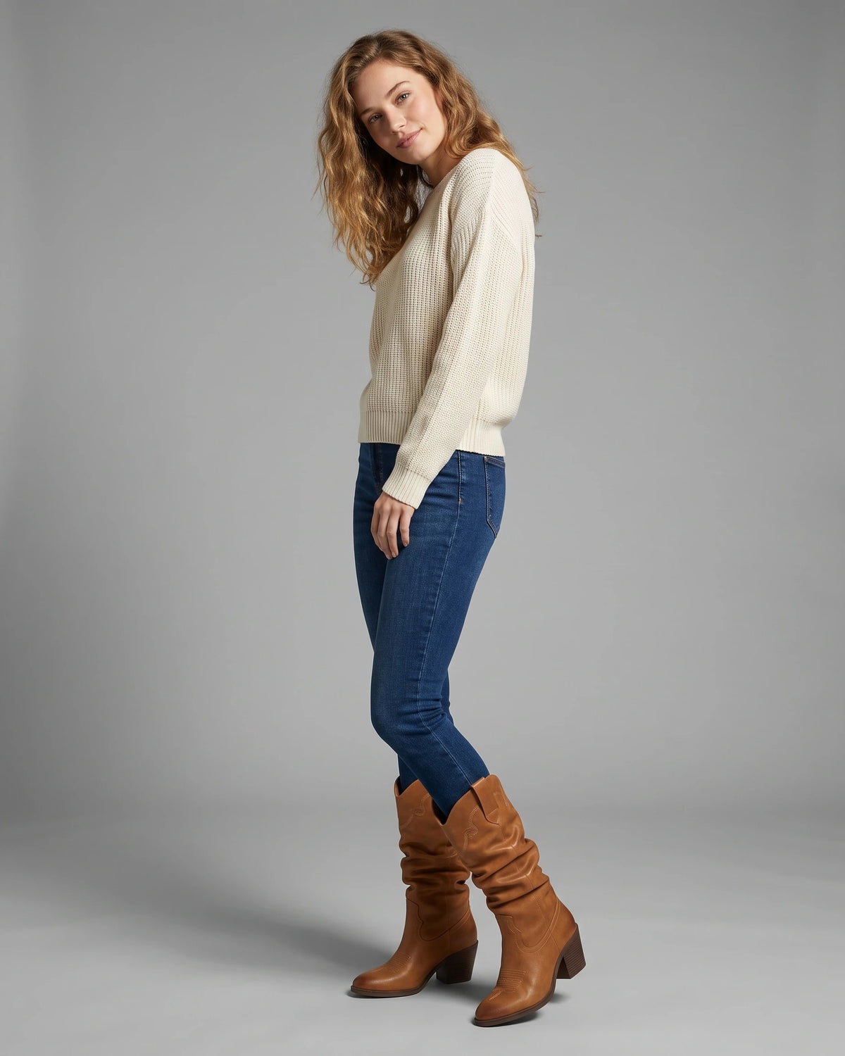Women's Wide Calf Slouchy Cowboy Boots with Pointed Toe and Stacked Block Heel