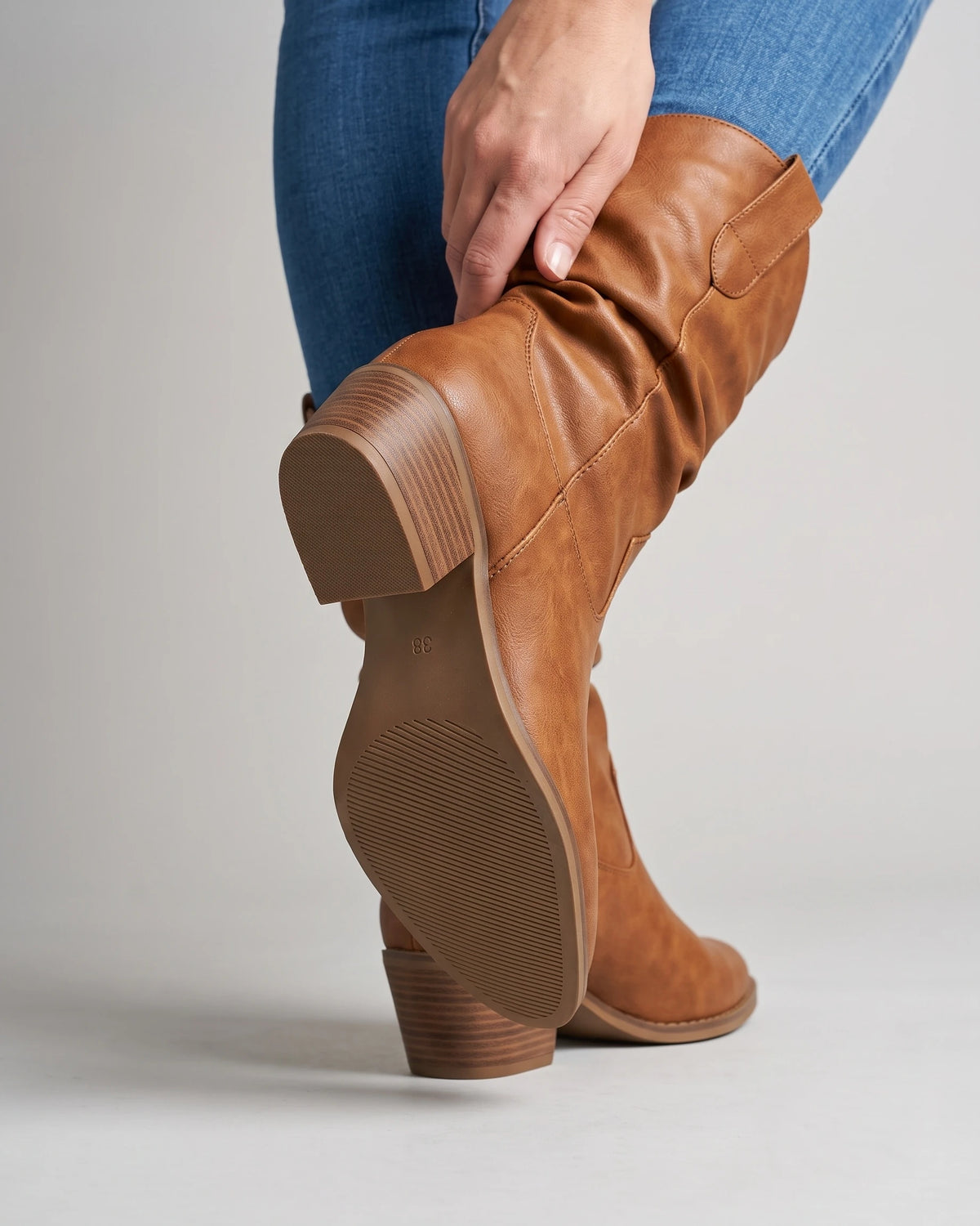 Women's Wide Calf Slouchy Cowboy Boots with Pointed Toe and Stacked Block Heel