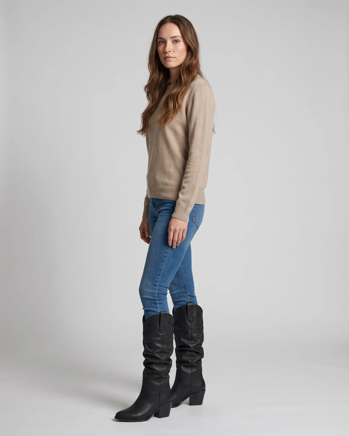 Women's Wide Calf Slouchy Cowboy Boots with Pointed Toe and Stacked Block Heel